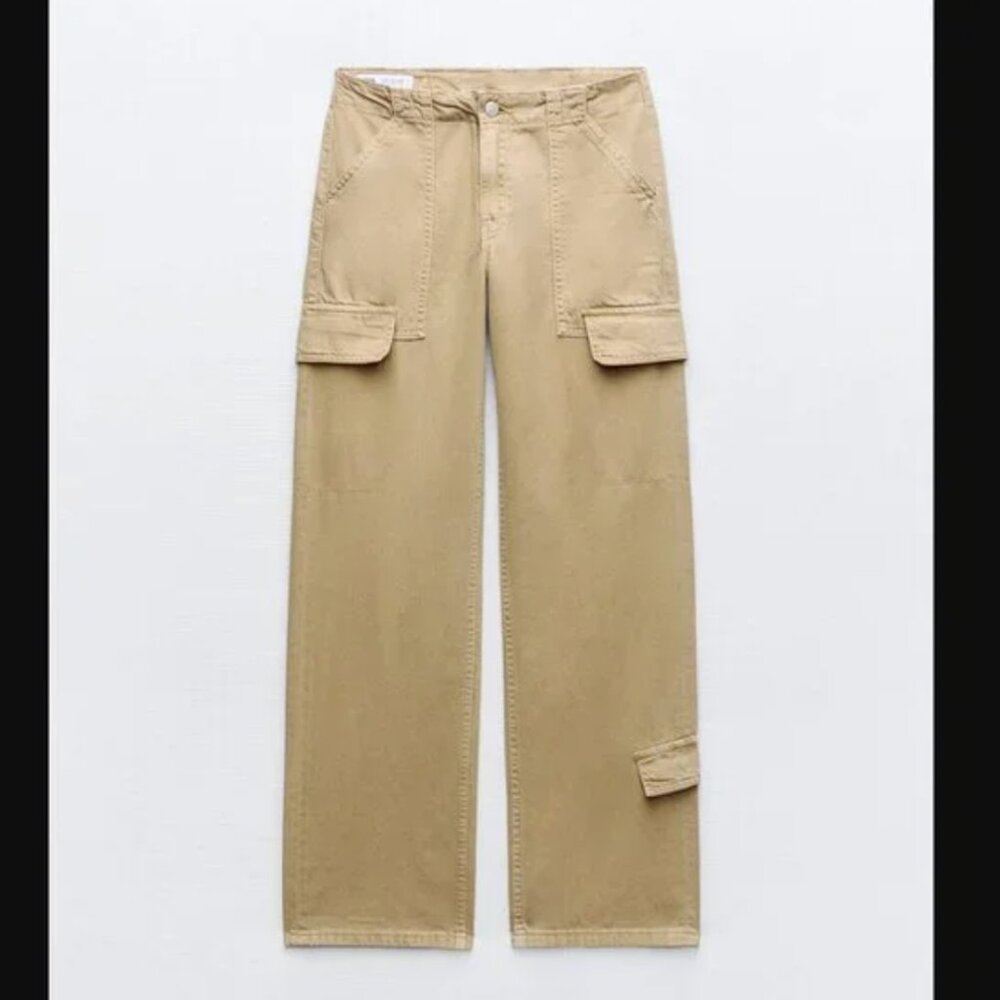 NWT ZARA MID WAIST ADJUSTABLE STRAP CARGO PANTS TOBACCO